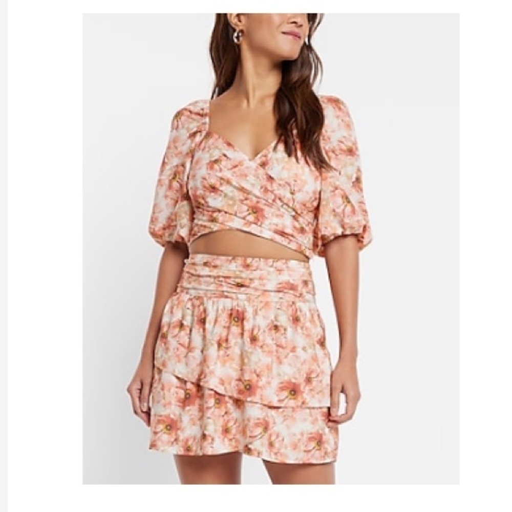 Express Peach Floral Skirt and Crop Top Set Size 6